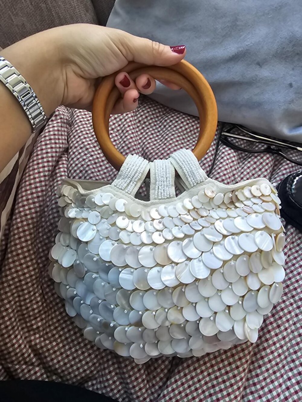 Women Handmade Seashell Beaded Clutch Beach Wooden